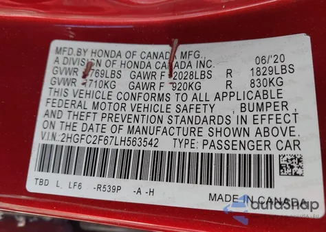 2020 Honda Civic Lx z USA, uszkodzony, nr VIN 2HGFC2F67LH563542